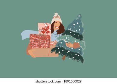 Woman with gift boxes smiling. Vector illustration in pastel tones.