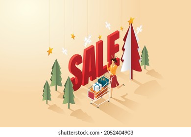 Woman with gift discount on online shopping cart happy christmas isometric vector illustration.