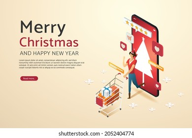 Woman with gift discount on shopping cart happy shopping online on smartphone christmasday holiday, online consumerism concept. isometric vectror illustration.