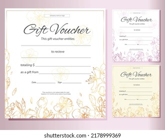 Woman gift voucher for beauty salon, shop, spa. Cherry branches and flowers. Spring and summer gift certificate in different colors. Fully editable.