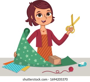 Woman gift wrapping a package for birthday or Christmas. Female, present box , scissors, preparing a gift. Vector illustration.
