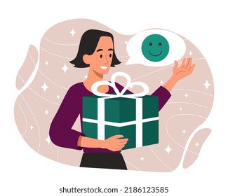 Woman with gift. Young girl with box in her hands, surprise for birthday or other holidays. Advertising poster or banner for online store website, product promotion. Cartoon flat vector illustration