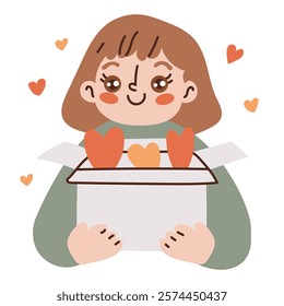 Woman with giftbox. Cute young woman holding open box with hearts as symbol of love. Flat style vector illustration. Ready for themes of love, kindness, generosity, charity, Valentine's Day, cards.