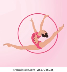 Una mujer gimnast realizando su rutina con aro en leotardo rosa, Ilustración vectorial