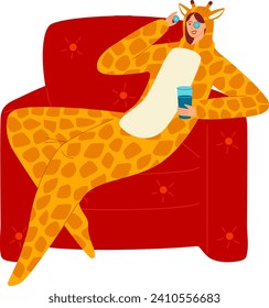 Woman in giraffe costume sits on red couch holding blue cup. Playful adult in animal onesie enjoying home comfort. Cozy leisure time and funny outfit vector illustration.