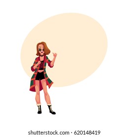 Woman, girl in 1990s, grunge style clothes, checkered flannel shirt, round sunglasses, cartoon vector illustration with space for text. Woman in 90s style clothing, retro disco party