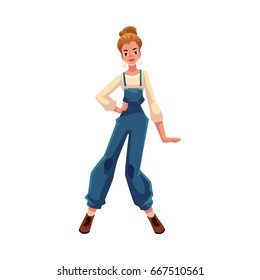 Woman, girl in 1990s style clothes, denim jumpsuit, hoop earrings, cartoon vector illustration isolated on white background. Pretty woman in 90s style clothing dancing at retro disco party