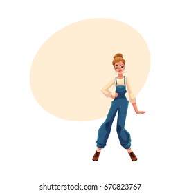 Woman, girl in 1990s style clothes, denim jumpsuit, hoop earrings, cartoon vector illustration with space for text. Pretty woman in 90s style clothing dancing at retro disco party