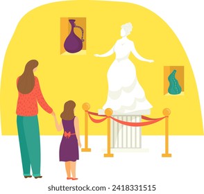 Woman and girl admiring a sculpture in an art gallery, viewing classical artwork and statues. Mother and daughter enjoying museum exhibit. Family education and cultural development vector illustration