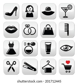 Woman or girl - beauty and fashion vector buttons set 
