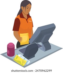 Woman girl at billing counter, supermarket checkout counter concept illustration