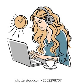 Woman girl blonde with laptop. Conceptual illustration for freelance, study, work, education, work from home. Vector illustration, line art, outline