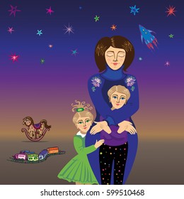 Woman, girl and boy with sky with stars and toys in background. Mother hugging her children. Symbol of mother love, care, protection.Vector Illustration