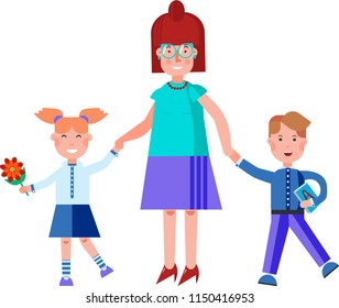 Woman with girl and boy. Teacher and schoolkids go to school. Flat style vector illustration.