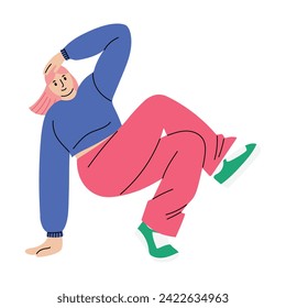 Mujer o niña bailando el breakdance, haciendo el fútbol mientras apoyan el cuerpo con una mano. Ilustración vectorial dibujada a mano en diseño plano, aislada en fondo blanco