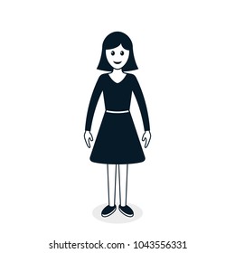 Woman or girl in casual clothes, Female front view Vector black illustration.