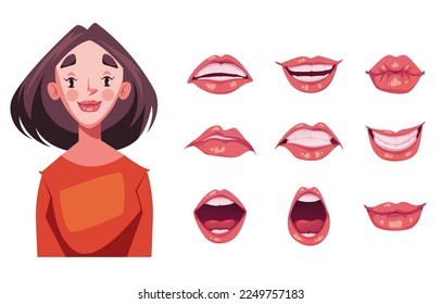 Woman girl character animated with face lips mouth expression isolated set concept. Vector cartoon graphic design element illustration