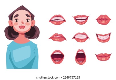 Woman girl character animated with face lips mouth expression isolated set concept. Vector cartoon graphic design element illustration