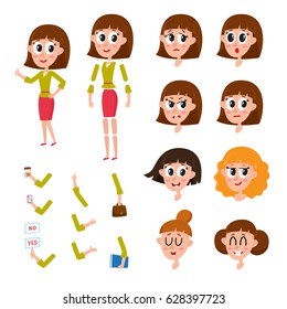 Woman, girl character creation set with different faces, hairs, emotions, cartoon vector illustration isolated on white background. Funny woman, girl creation set, constructor, animation ready