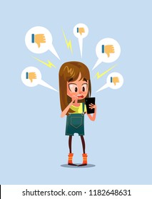 Woman girl character receive bad comments. Social media communication network. Vector design graphic flat cartoon illustration