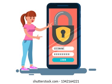 Woman, Girl characters holding key and unlock privacy smartphone personal data information. Data protection online login password concept. Vector flat cartoon graphic design isolated illustration