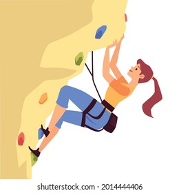 Woman or girl climber climbs on a climbing wall in the gym or rock. Young beautiful brown hair woman climber, isolated flat cartoon vector illustration.
