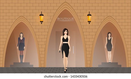 The woman, the girl from comes out of the store.
Women's shopping. Beautiful, stylish woman and clothing store, boutique.  Vector clothing shop. Vector illustration