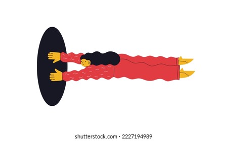 Woman or girl coming, flying, jumping, looking through and out of holes. Happy enthusiastic lively men and women. Search, explore concept. Graphic vector illustration