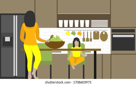 woman and girl cooking together. Concept 
family joys and stay home. Female character in modern kitchen room. Cute illustration in flat style. 