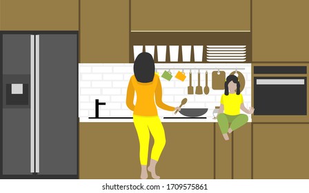 woman and girl cooking together. Concept 
family joys and stay home. Female character in modern kitchen room. Cute illustration in flat style. 