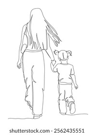 Woman with girl daughter walking away. Hands holding. Back view. Continuous line drawing. Black and white vector illustration in line art style.