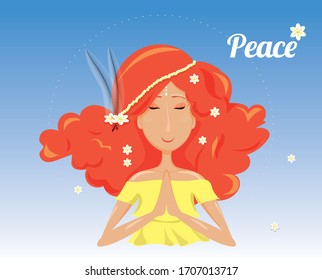 woman girl doing namaste with hands and flowers over the head in meditation