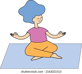 woman, girl doing yoga exercises, practicing meditation on lotus pose on the mat. female character practising. simple trendy flat vector illustration.