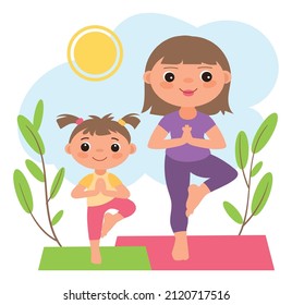 Woman and girl doing yoga pose outdoor. Family workout