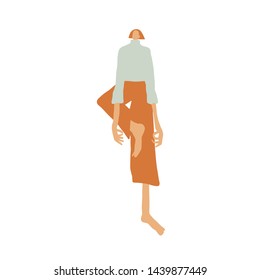 Woman or girl dressed in trendy clothes sitting in yoga pose. Girl power concept. Female cartoon characters. Trendy flat style.  