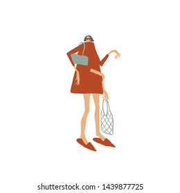 Woman or girl dressed in trendy clothes with eco bag mesh. Girl power concept. Female cartoon characters. Trendy flat style. Surreal psychedelic illustration