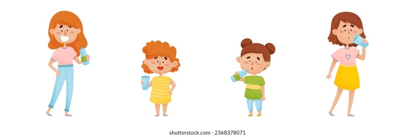 Woman and Girl Drinking Water from Glass and Plastic Bottles Vector Set