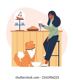 Woman, a girl drinks, eats in a cafe with a dog, flat illustrations on a white background. A dog together with friendly people in the same cafe. A person drinks tea, coffee with a pet in a cafe