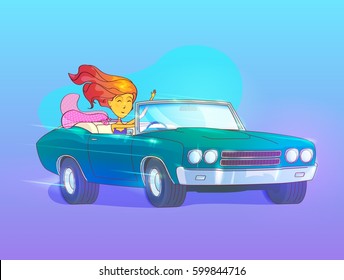 Woman Or Girl Driving A Car On Road. Cartoon Lady With Windy Hair And Scarf On Convertible Automobile Or Transport Vehicle Traveling. Long Trip Or Journey, Tourism And People Characters Theme