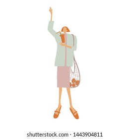 Woman or girl with eco bag mesh and coffee or juice dressed in trendy clothes.  Girl power concept. Female cartoon characters. Trendy flat style.  