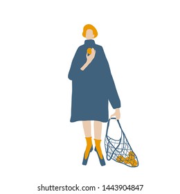 Woman or girl with eco bag mesh dressed in blue color dress, orange hair style. Flat style. Female cartoon character. 