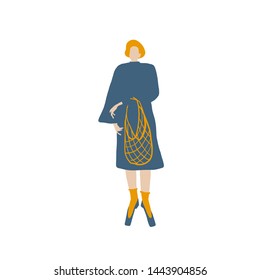 Woman or girl with eco bag mesh dressed in blue color dress, orange hair style. Flat style. Female cartoon character. 