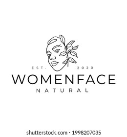 Woman Girl Female Face Abstract Line Art With Floral Leaves Logo Vector Illustration Template Icon Design