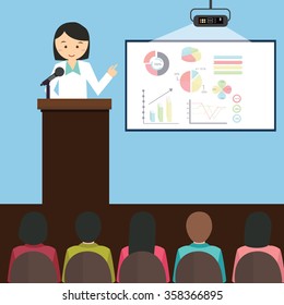 woman girl female give presentation presenting chart report speech in front of audience vector illustration