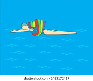 Woman or girl floating in swimming pool using a colorful flotation noodles.