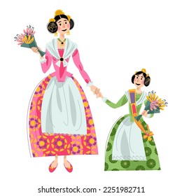 Woman and girl with flowers in traditional clothes during the festival of Las Fallas (Festival of Fire) in Valencia, Spain. Vector illustration

