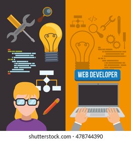 woman girl glasses laptop bulb tools developer web responsive development website programming icon set. Colorful design. Vector illustration