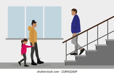 A woman and a girl go to the stairs on which the man is standing