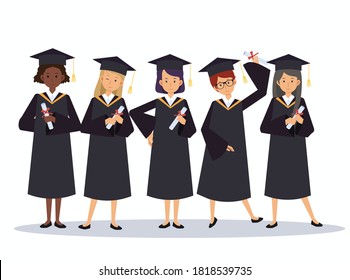 Woman girl Group happy smiling graduates in graduation gowns holding diplomas in their hands  .Vector illustration concept graduation ceremony cartoon style