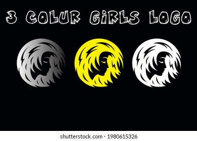 woman girl hair logo abstract circle shape design hairstyle women face illustration vector template. Silhouette icon in an awesome way. 3 colors vector design. EPS 10
